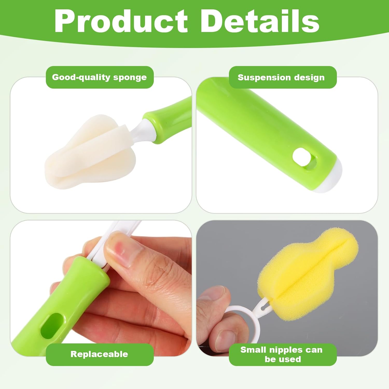 12pcs Sponge Bottle Nipple Brushes, Baby Bottle Nipple Cleaner Sponge Brush with 4pcs Replacement Heads and 4pcs Cleaning Scrubber for Nipples