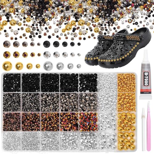 14000Pcs Mixed Black Gold and Silver Flatback Rhinestones and Pearls for Bedazzling Kit, 2-6mm Resin Gems Bedazzling Rhinestone, 4-10mm Flatback Pearls Gems Rhinestones for Crafting DIY Face Makeup