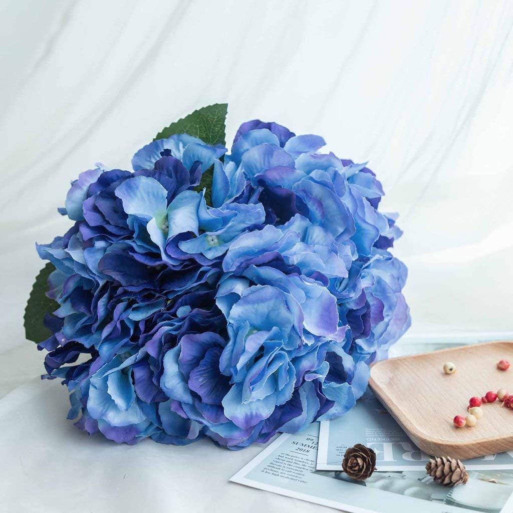 TABLECLOTHSFACTORY 5 Pack | 25 Heads Royal Blue Silk Hydrangea Artificial Flower Bushes Wedding Floral Arrangements
