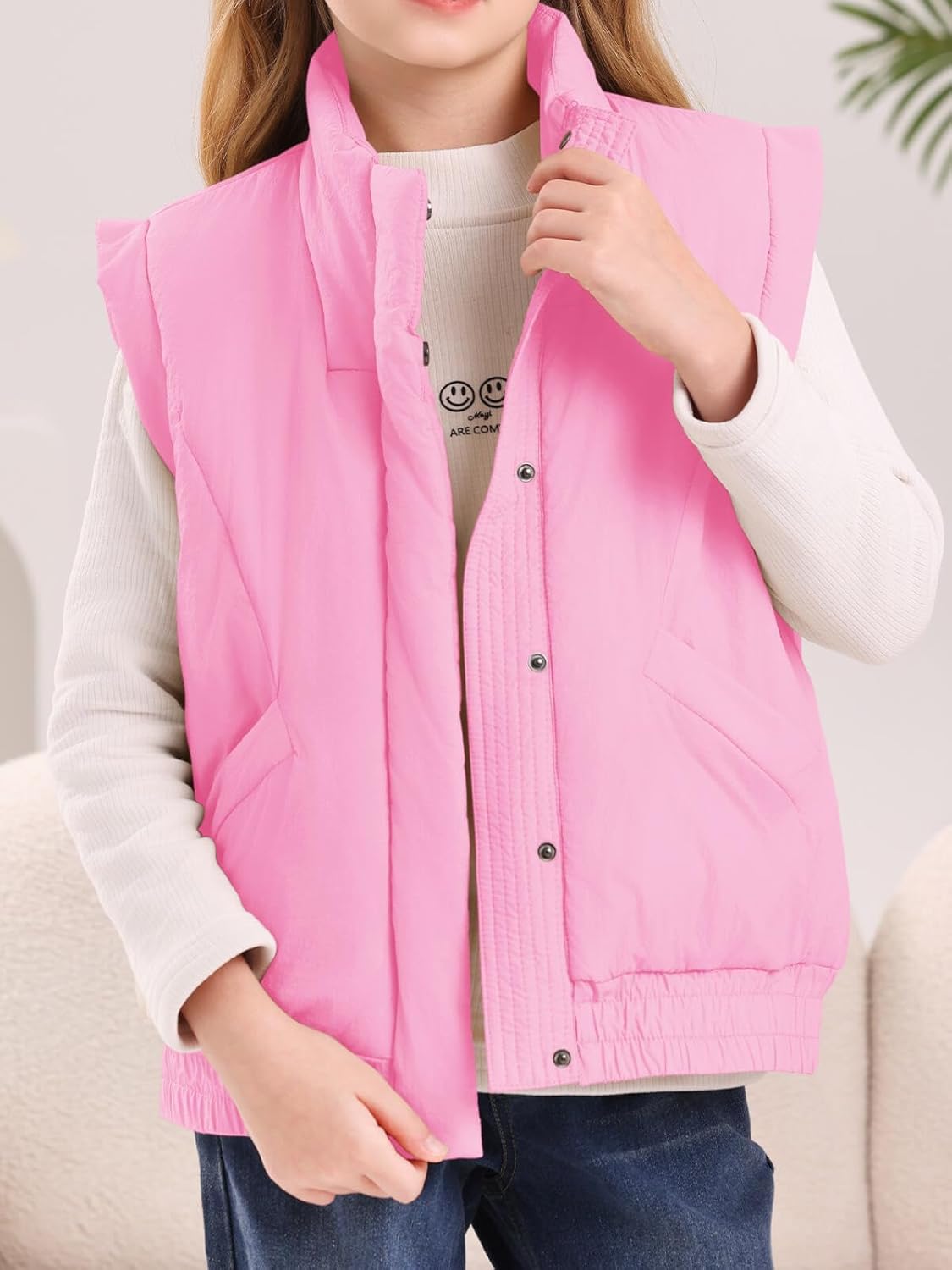 Girls' Winter Puffer Vest Cute Sleeveless Button Outerwear Coats Water Resistant Warm Quilted Jacket 5-14Y - Image 3