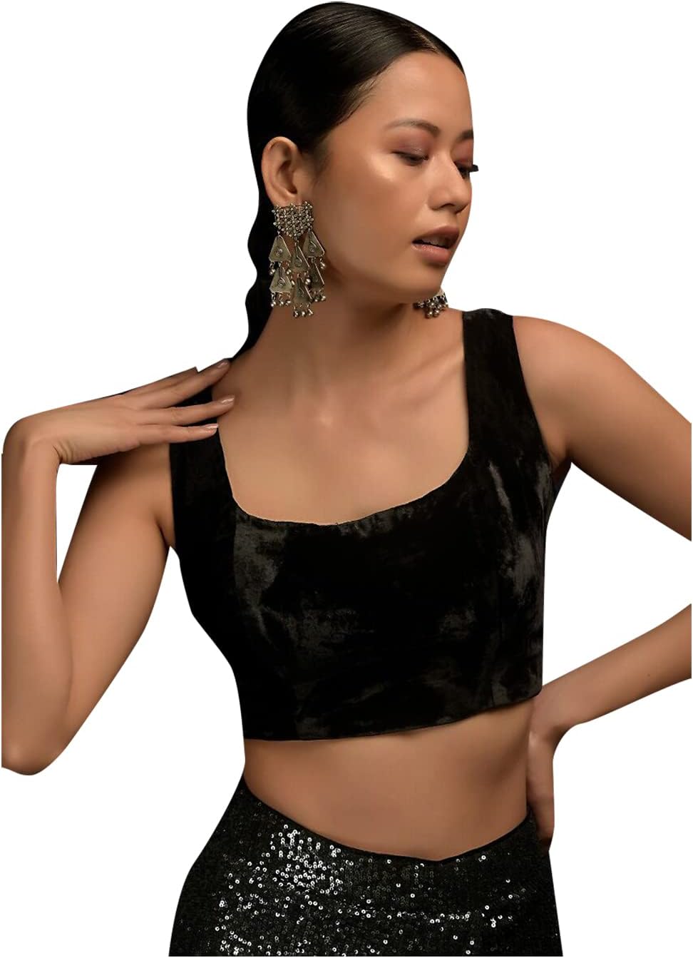 Women's Readymade Velvet Blouse For Sarees Indian Designer Bollywood Padded Stitched Crop Top Choli Black (XS-34)
