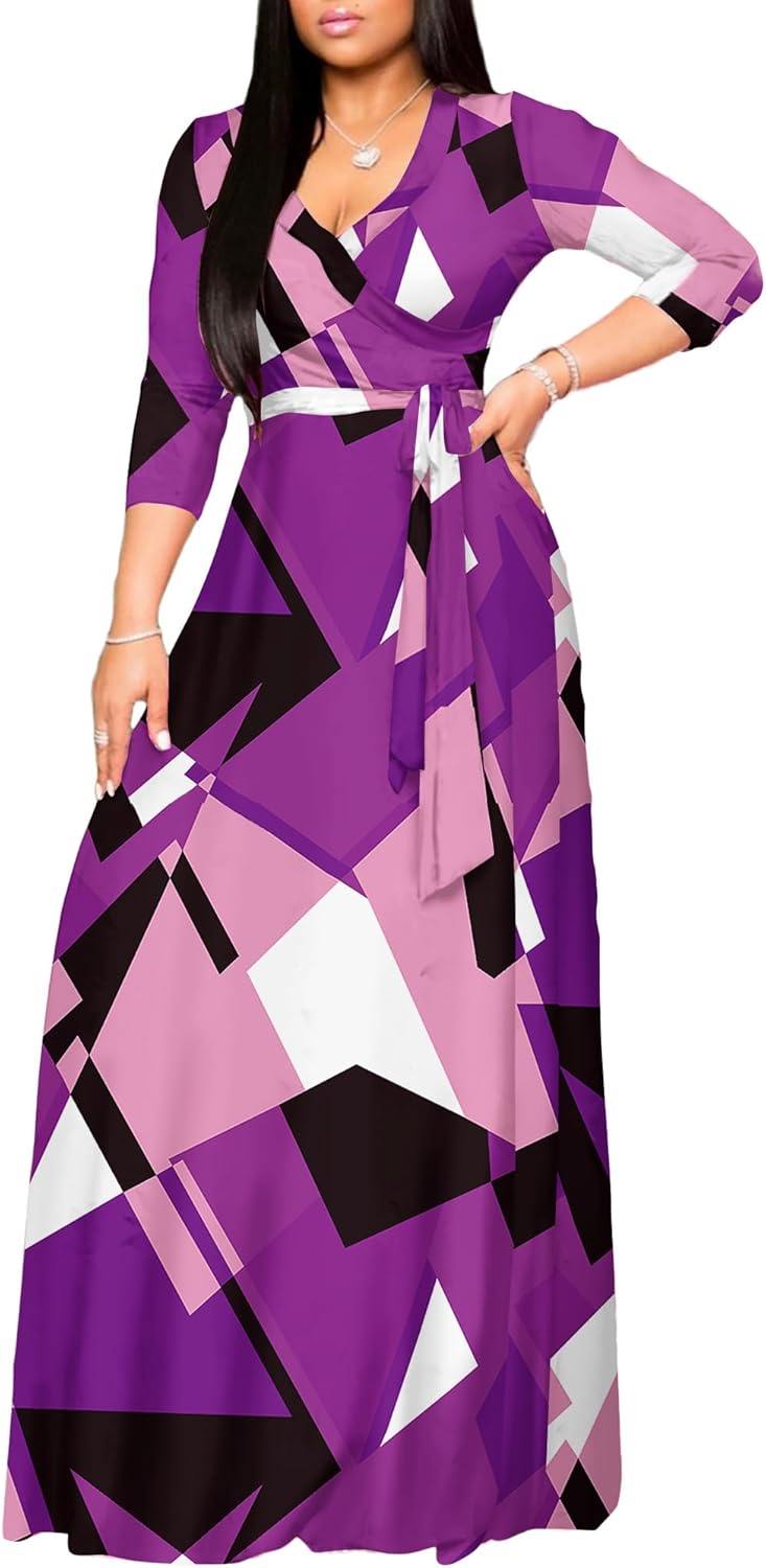 AOMONI Women's Floral Print Maxi Dresses Summer with Pockets Casual 3 4 Sleeve V-Neck Wrap Tie Waist Long Dress, M-3XL - Image 2