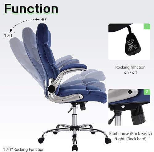 Miniatura 3 de KCREAM Silla de oficina ejecutiva ergonómica de terciopelo azul con soporte lumbar, sillas de escritorio de oficina en casa, ruedas y brazos