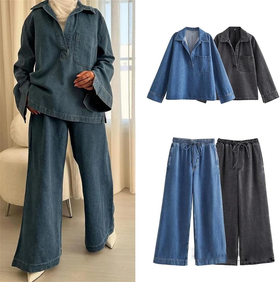 Womens V Neck Denim Shirt And Elastic Waist Straight Pants Set Vintage Casual 2-Piece Set