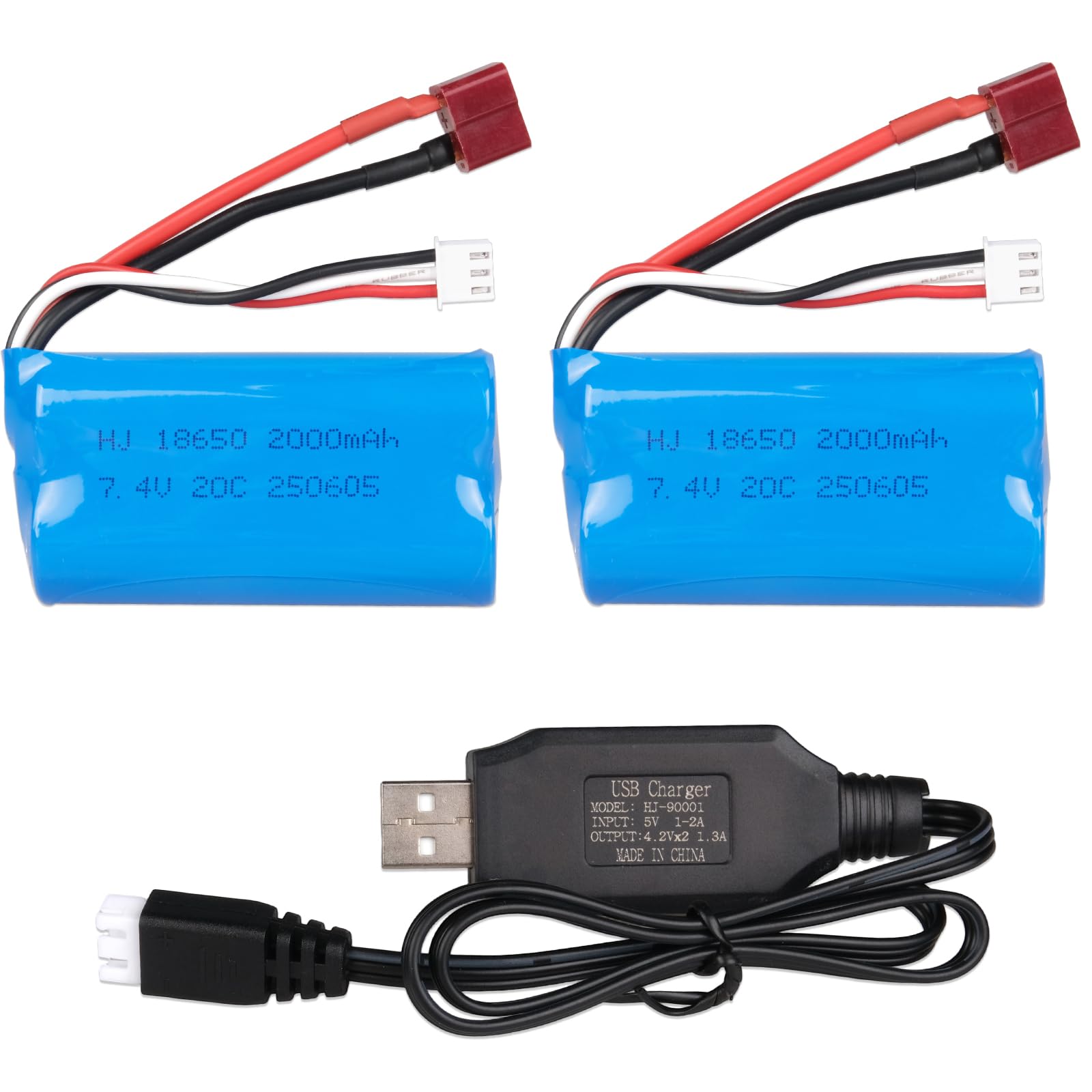 Zestaw akumulatorów 2 szt. 7,4 V 2000 mAh ze złączem T Dean i ładowarką USB, akumulator litowy 2S do samochodów WLtoys 4WD High-Speed RC oraz samochodów RC i ciężarówek
