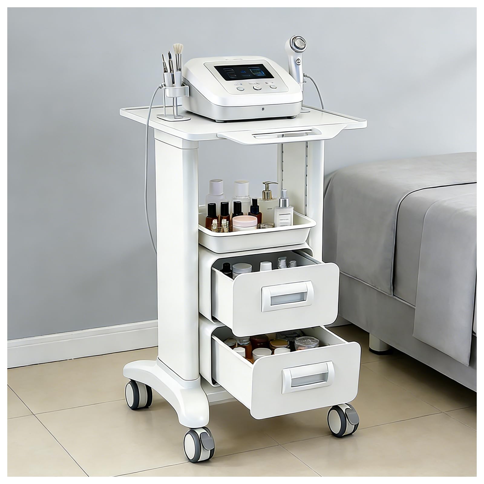 Carrello da Laboratorio a 3 Ripiani Portata 102kg, Carrello Medico con 2 Cassetti, 1 Vassoio e 4 Ruote, Materiale ABS per Clinica, Ospedale e Salone, Bianco (Bianco, doppio cassetto)