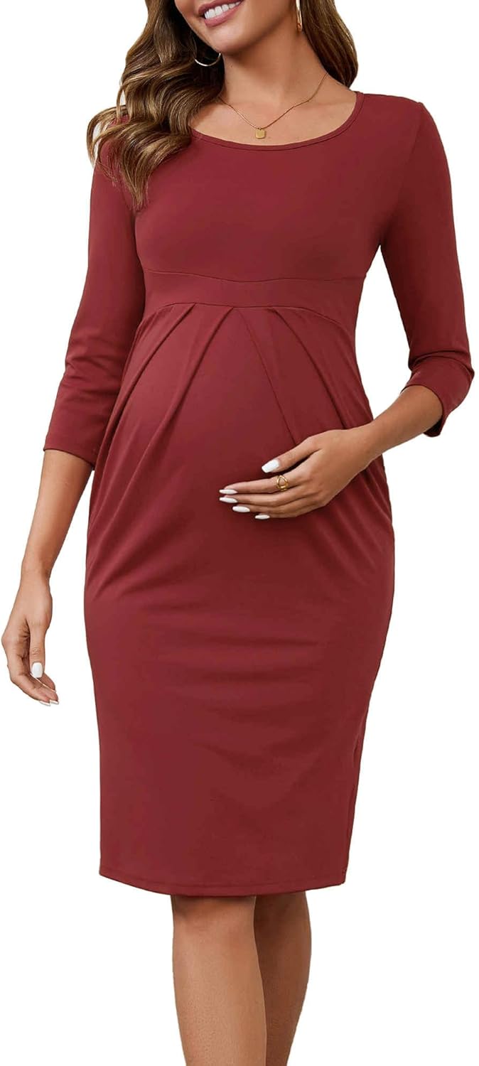 Women's Work Maternity Dresses Semi Formal 3/4 Sleeves Front Pleated Office Pregnan...