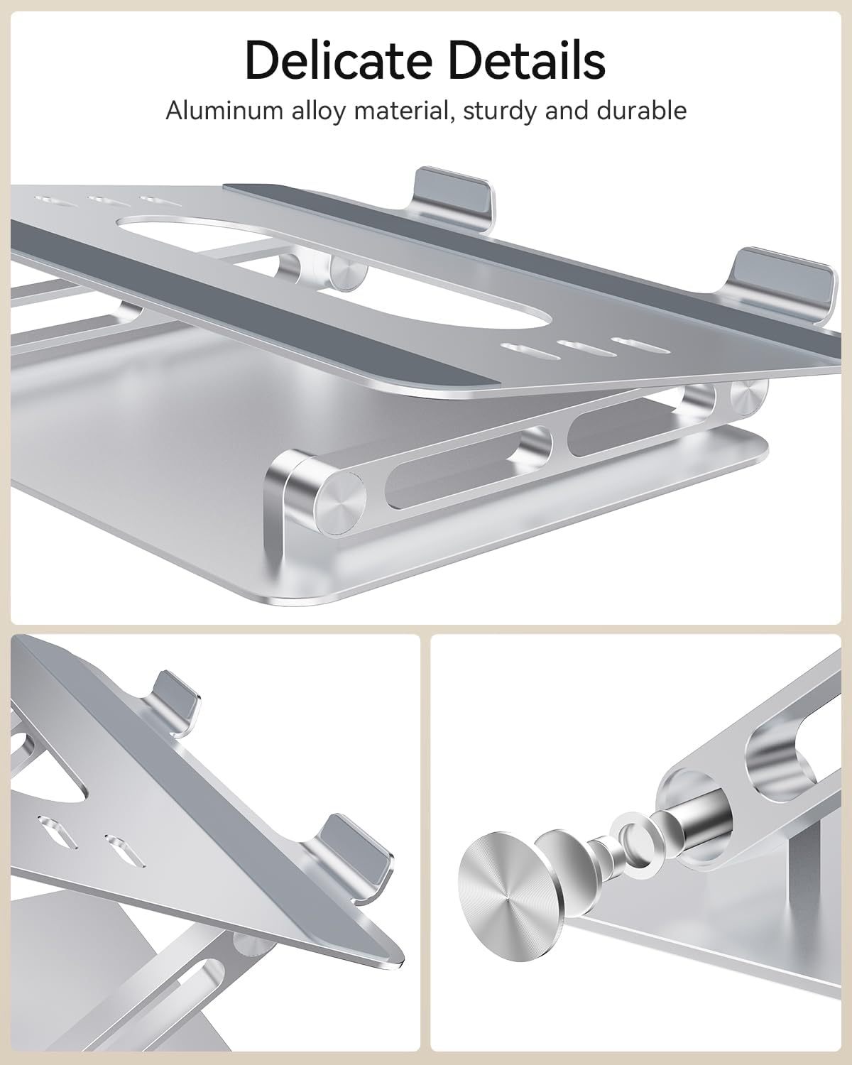 Foldable Aluminum Laptop Stand for 10-17.3" Laptops, Height Adjustable Portable Ergonomic Computer Holder, Space Saving Desk with Heat Dissipation. Compatible with MacBook/Dell/HP etc, Silver image 7 of 7 B0CS63V29Y