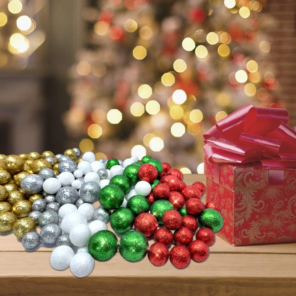Multi Colored Glitterred Foam Balls- About 1250 Pieces - 250 Each of Silver Red Green Gold White - Vase Filler - Craft Accessory - Range from 3/8" to 3/4" D