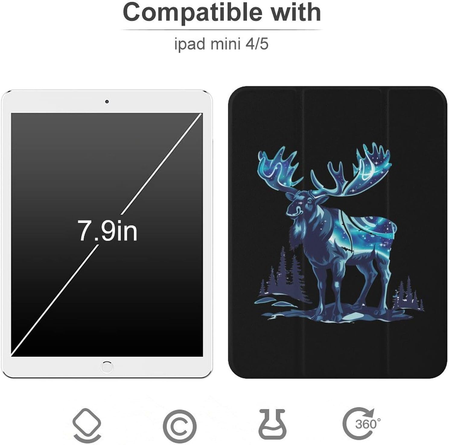 Alaskan Moose with Aurora Borealis Snowy Scene Cute Case Compatible for Mini4/5（7.9in） Trifold Tablet Protective Cover with Pencil Holder