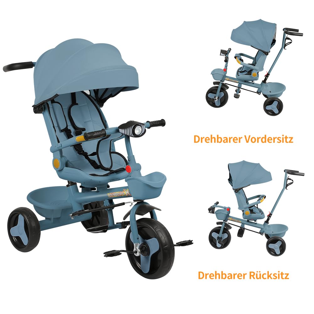 4-in-1 Kinderdreirad mit Schubstange & Lenksteuerung, Blau | Baby Fahrrad ab 1 Jahr, Sicherheitsbügel, Fußstütze & Korb, Faltbare Markise