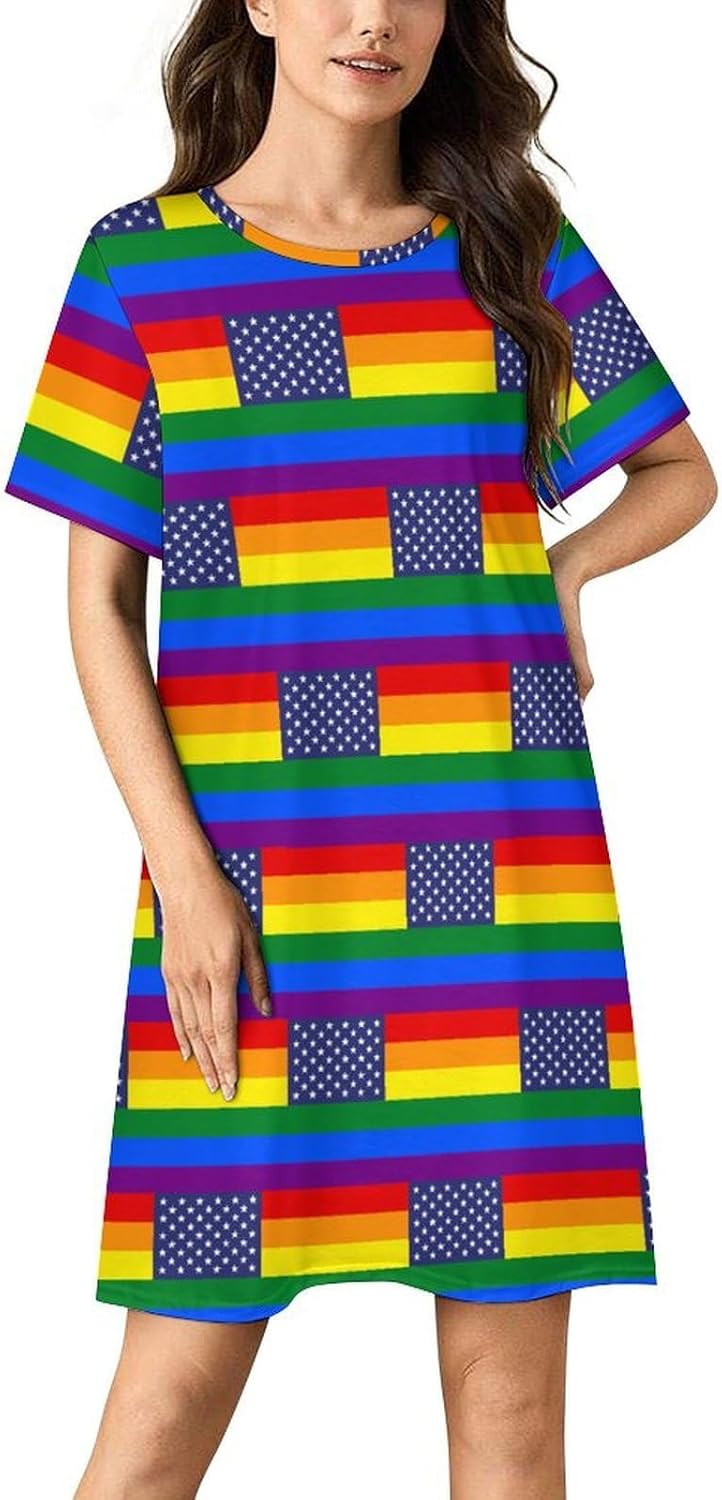 Gay Proud Flag Of USA Nightgowns for Women Short Sleeve Sleep Dress Casual Sleepshirt Night Gowns Pajamas