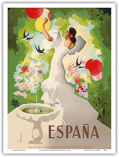 España España - Póster de Bailarina con Fuente y Pájaros - Vintage Travel por Marcias José Morell c 1941 - Impresión artística maestra de 90 x 120in