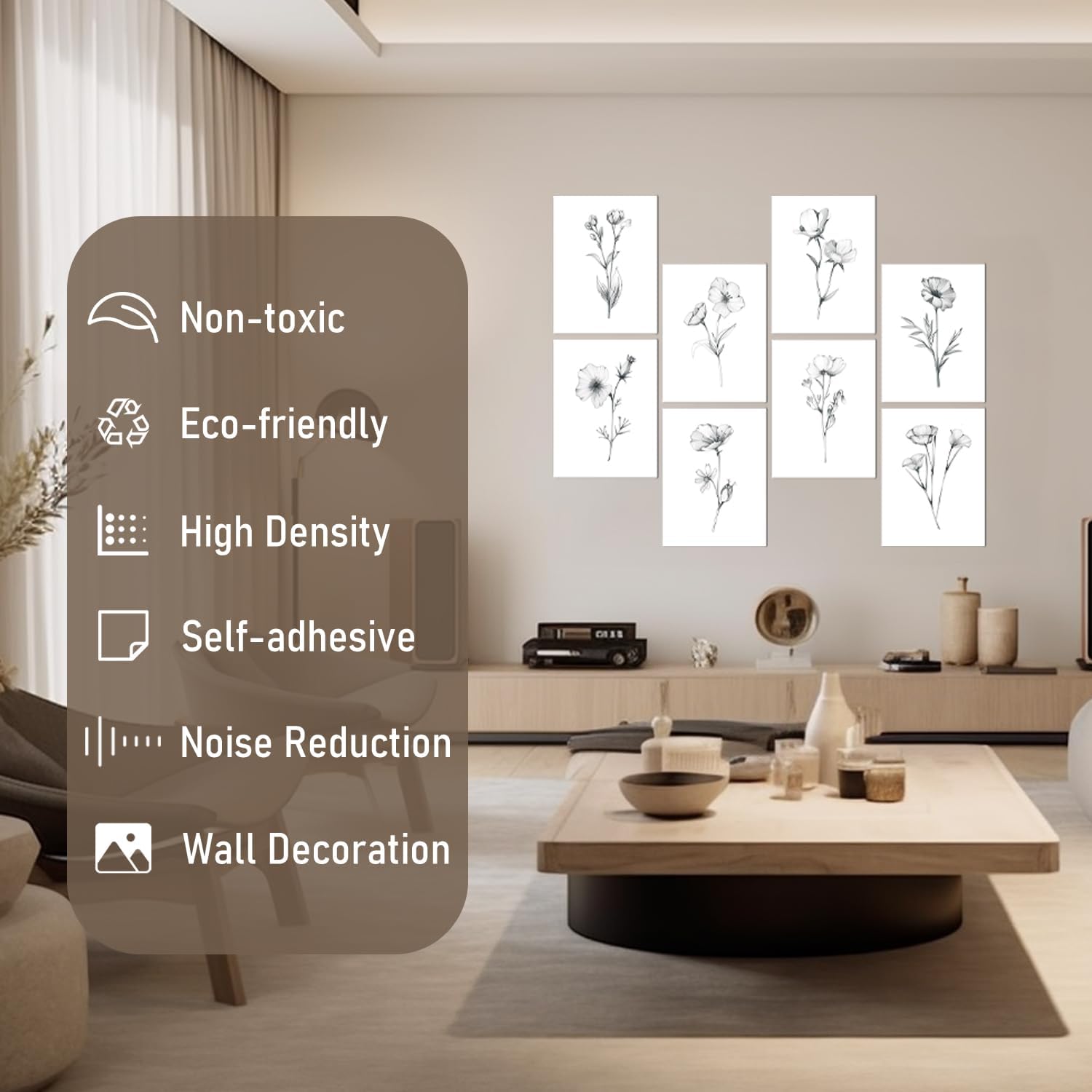 FurnoFlexArt Acoustic Panels Tiles Decorative Room Sound Proof Foam Absorbing Panels Noise Dampening Canceling Reducing Blocker for Walls (Floral Sketch, 48 * 32 in)