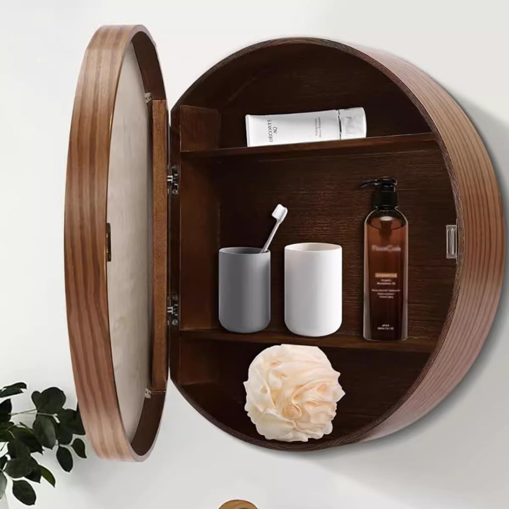 Okrągła szafka łazienkowa z lustrem 50/60/70 cm, montowana na ścianie, z 3 półkami, szafka łazienkowa z lustrem, idealna do małych przestrzeni, idealna do wystroju domu i przechowywania (kolor drewn