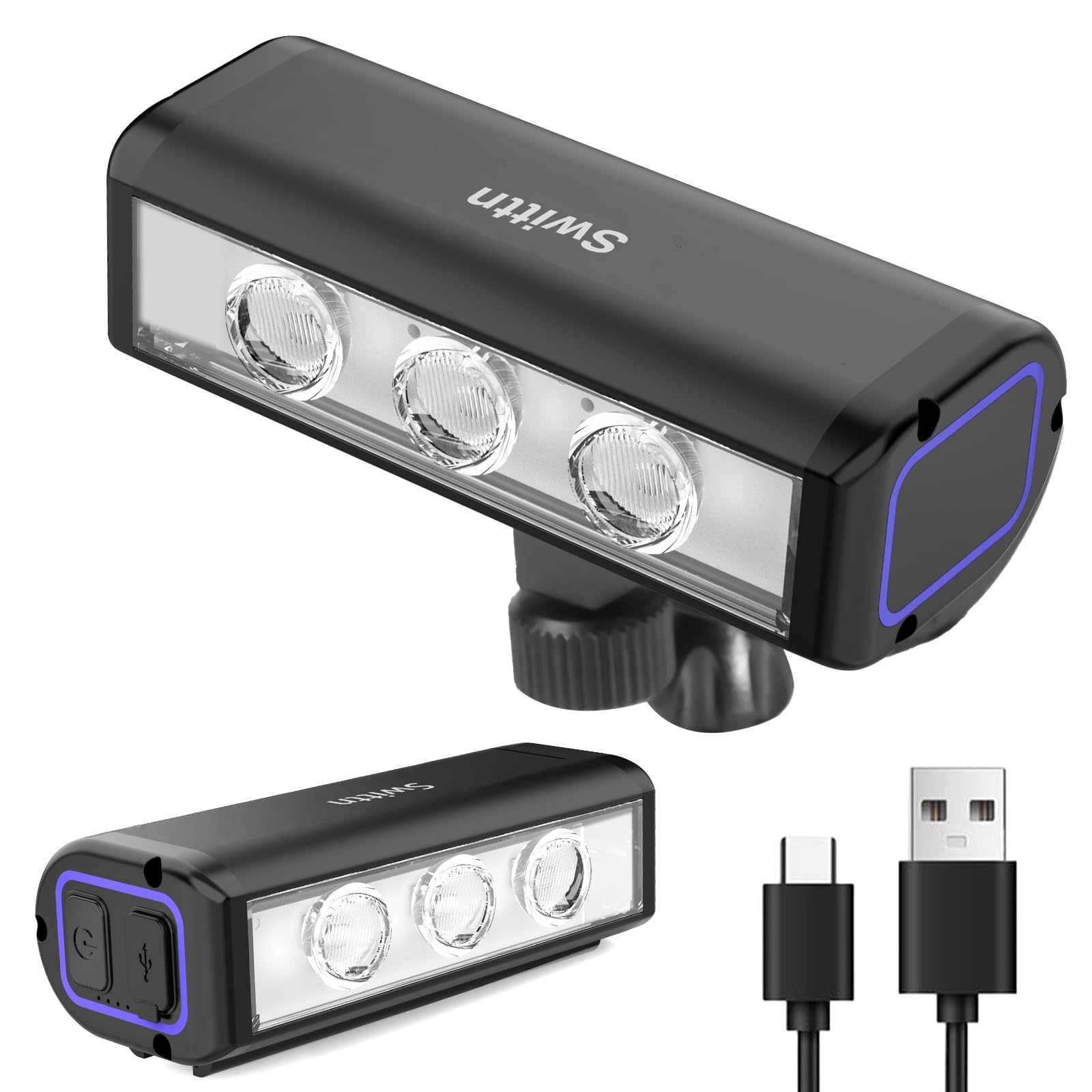 Luci anteriori e posteriori per bicicletta, 1500 lumen, per guida notturna, ricaricabili USB-C, 4+5 modalità di illuminazione, impermeabile IPX5