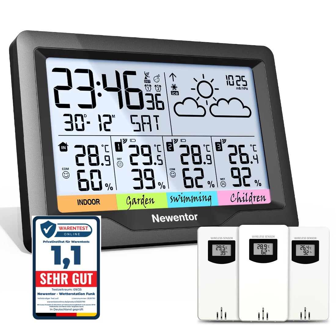Newentor Wetterstation Funk mit 3 Außensensor