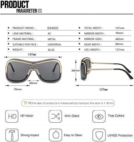 Miniatura 6 de Gafas de sol envolventes Y2K de metal para mujer, diseño de escudo sin montura grande, sin marco, de una sola pieza, BS4000