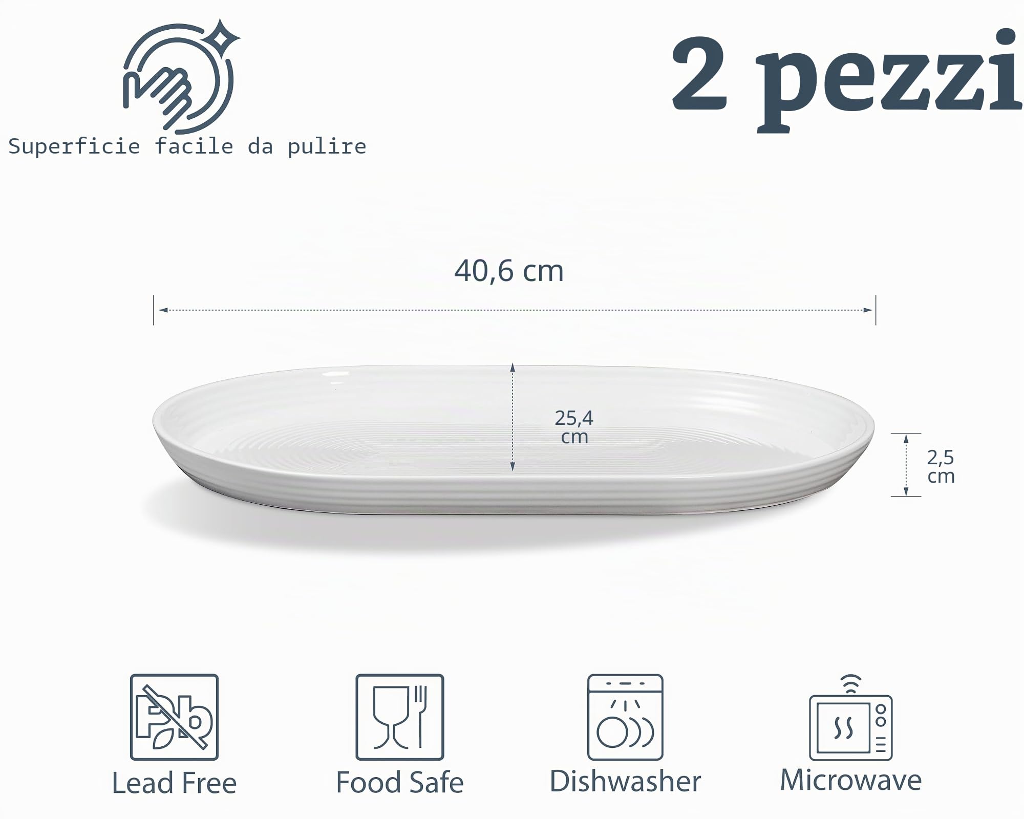 ONEMORE Piatti da portata in ceramica da 40,6 cm per intrattenimento, set di 2 grandi piatti ovali, lavabili in lavastoviglie, adatti al forno, per cibo, carne, pesce, feste, in porcellana, per il