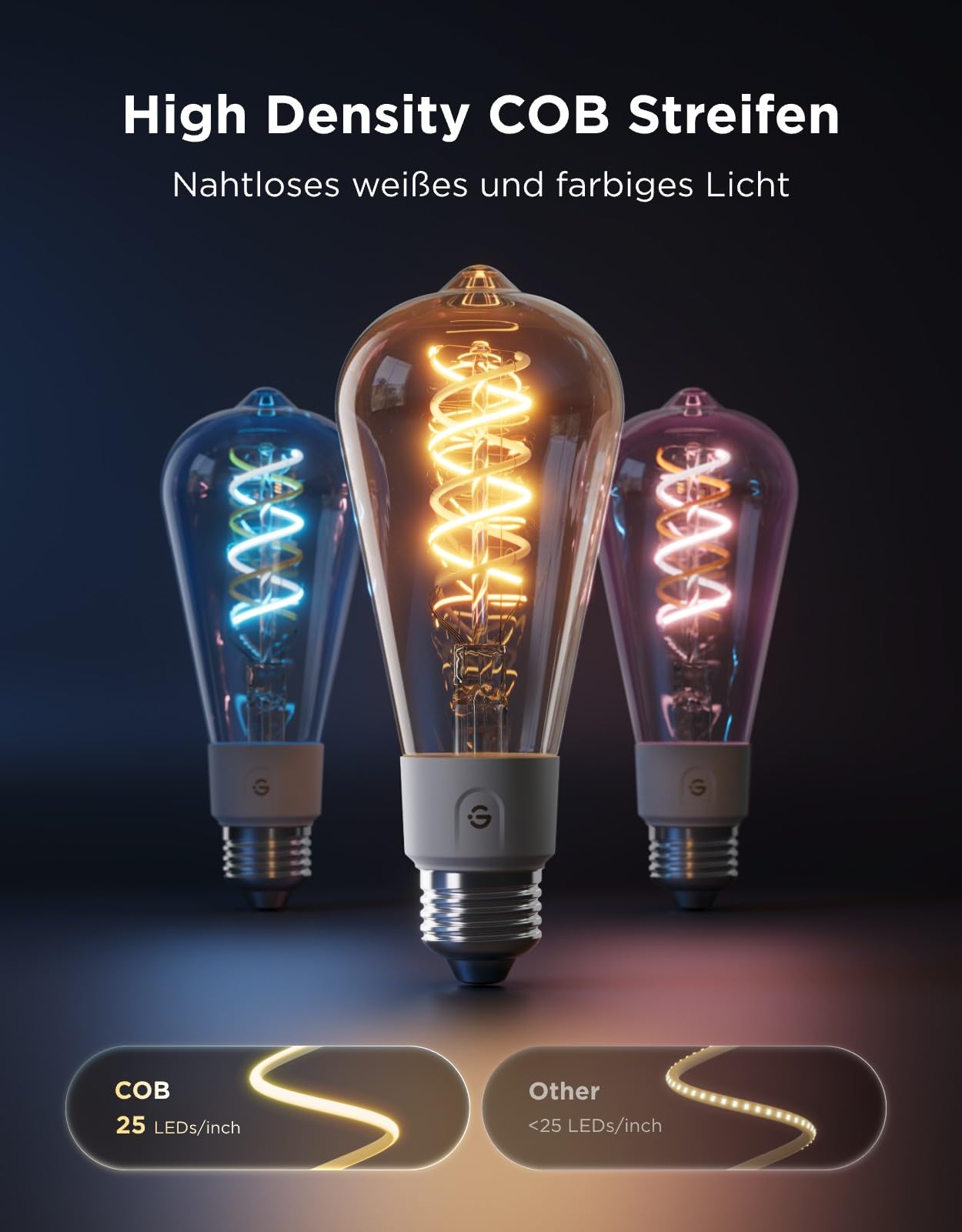 Govee Smart Edison Glühbirne E27 RGBWW LED Lampe ST64 Kompatibel mit Matter und Google Assistant 500lm COB Dimmbar 16 Mio. DIY-Farben Filament Bulbs Vintage-Deko 2 Stück
