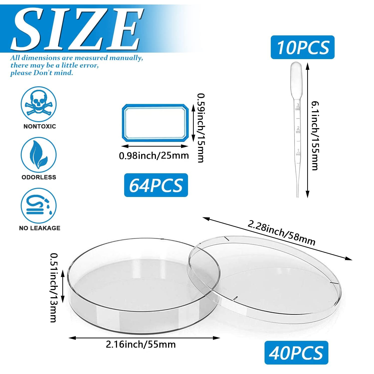 40 ciotole Petri, 55 x 13 mm, in plastica con coperchio, trasparente, sterile, con 10 contagocce in plastica e 1 adesivo, per cultura di laboratorio