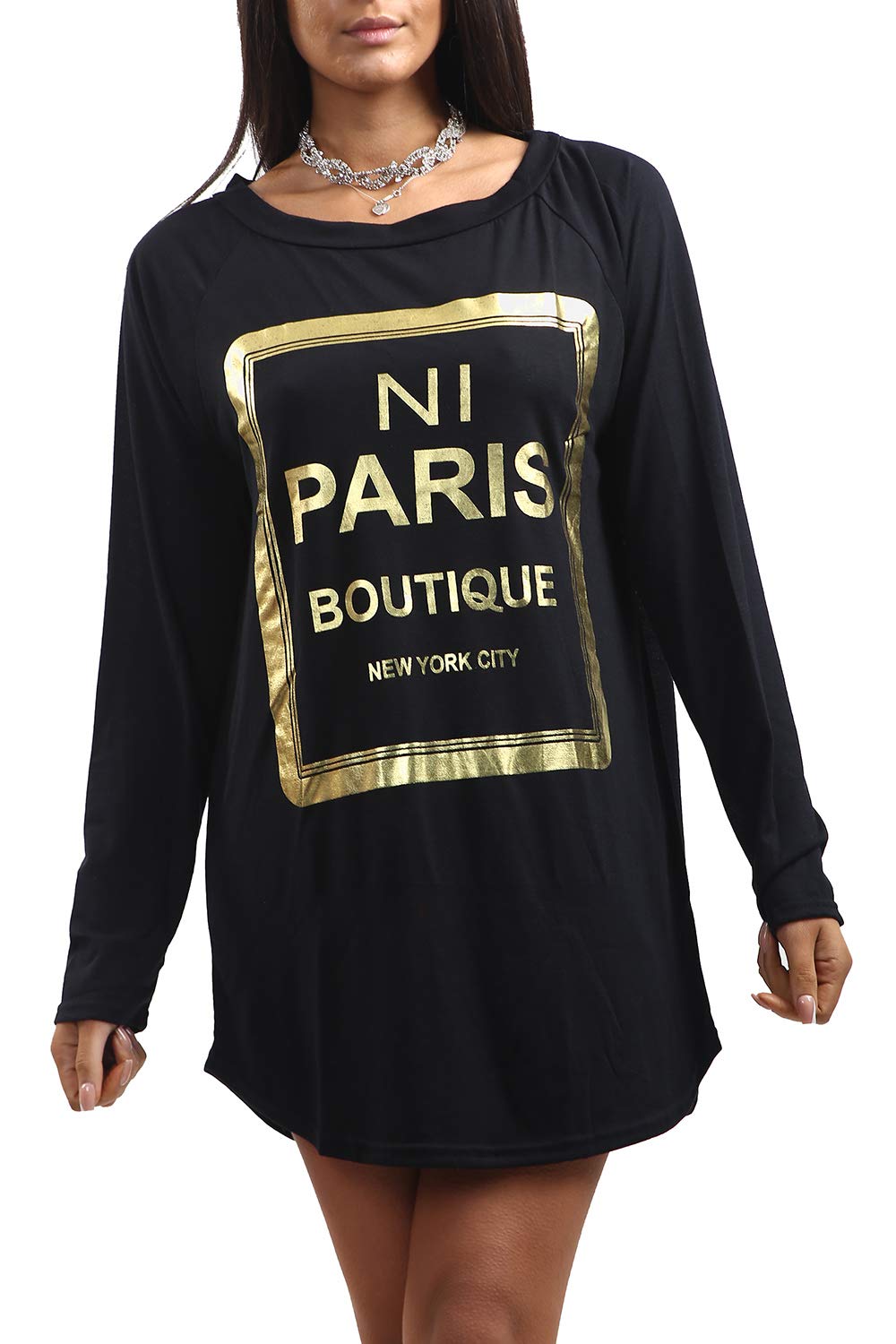 Fashion StarWomen NI Paris Boutique Gold Foil Hi-Lo Hem Top