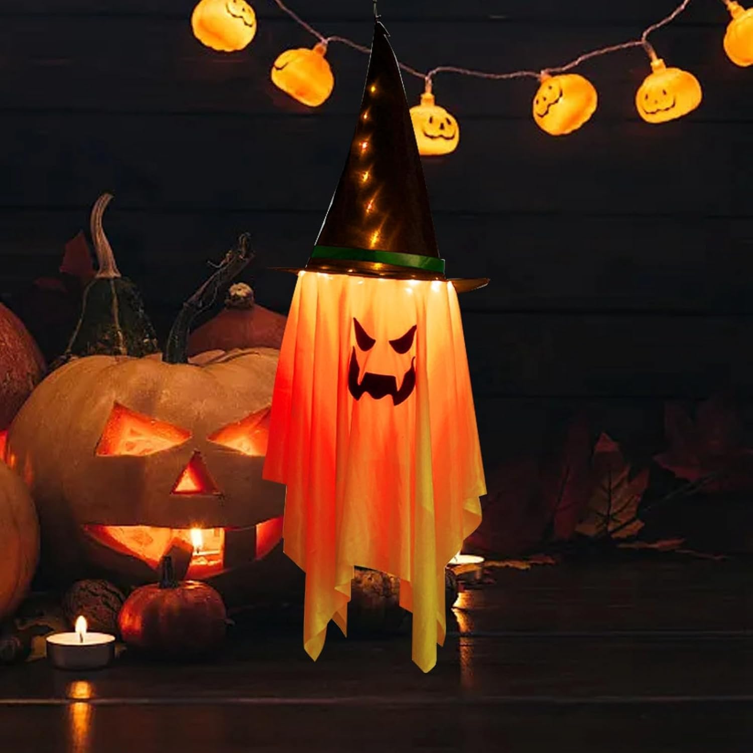 Dsliha Orang Halloween Hanging Ghost Decorations Lighted Flying Ghost Grim Reaper Skull Chains Glowing Ghost White Ghost Wizard Hat For Halloween Party Garden Yard Tree Door Lawn Party (Orang)