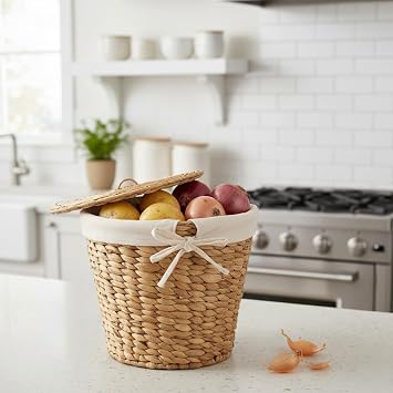 Deconox Water Hyacinth Potato Onion Bucket | Natural Wicker Storage Basket | Handmade Round Shaped Kitchen Organizer | Decorative Vegetable Bucket (25x25x25cm)