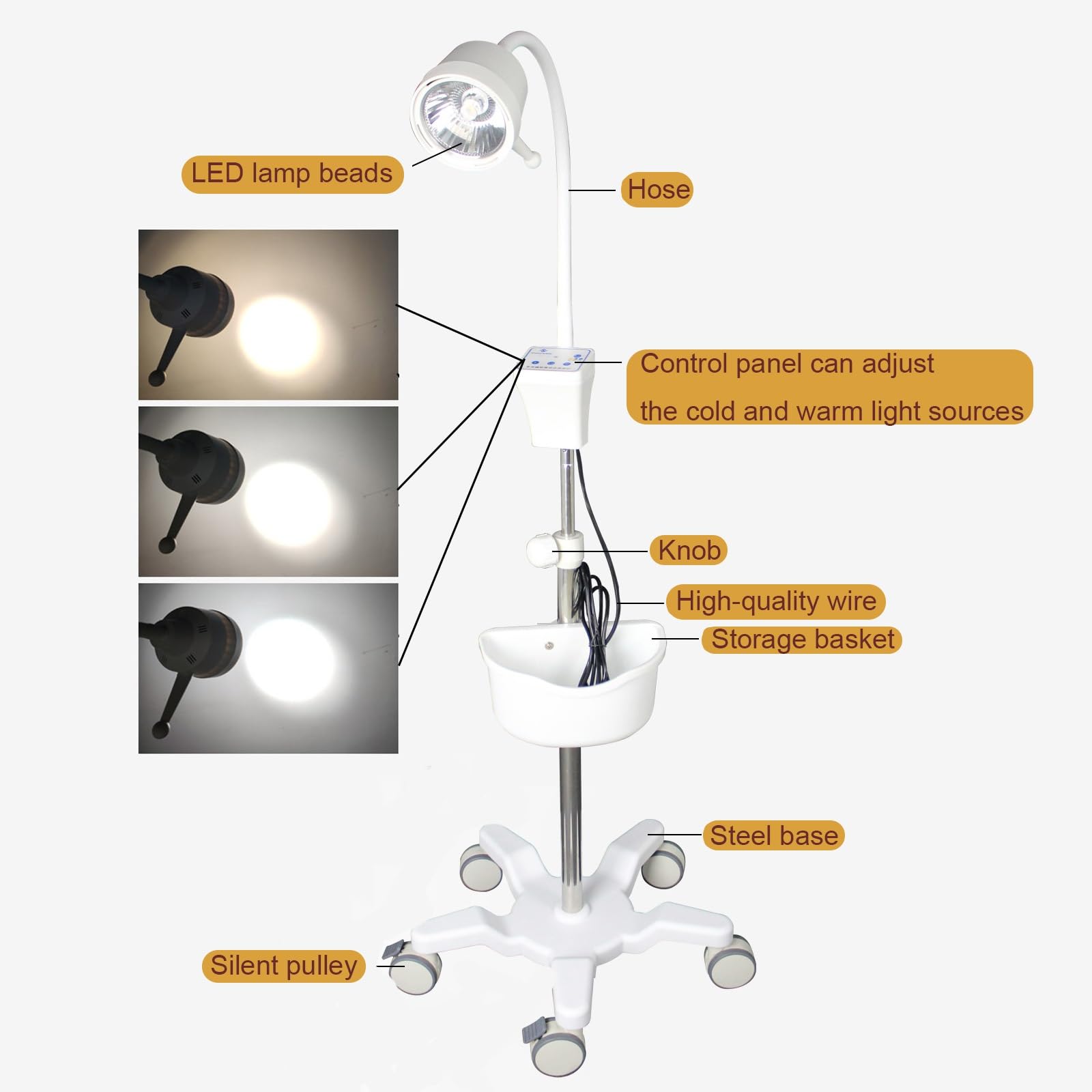 Lampa do Badań Lekarskich z Koszem do Przechowywania Lampa Chirurgiczna do Badania Jamy Ustnej Trzykolorowa Regulowana Lampa Bezcieniowa