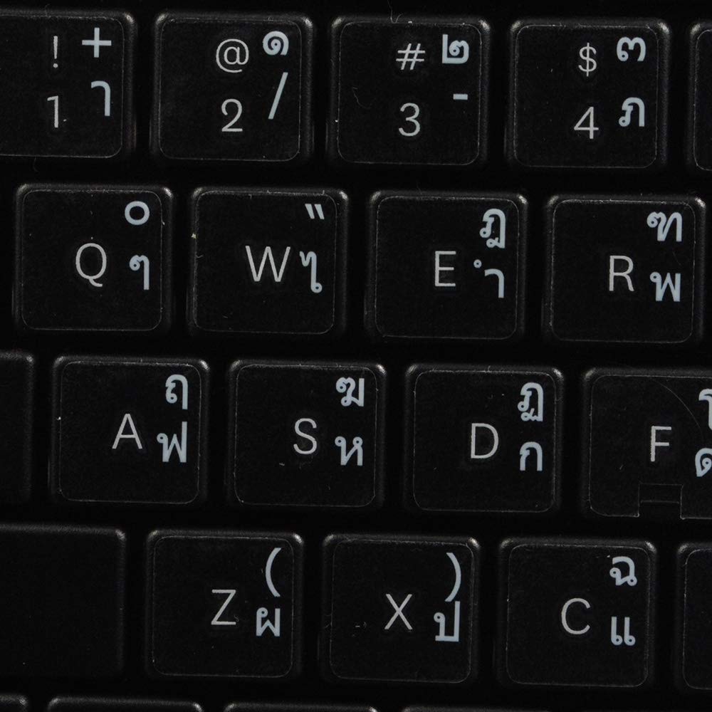 Thai Keyboard Labels Layout ON Transparent (Clear) Background with Blue, Orange, RED, White OR Yellow Lettering (14X14) (White)