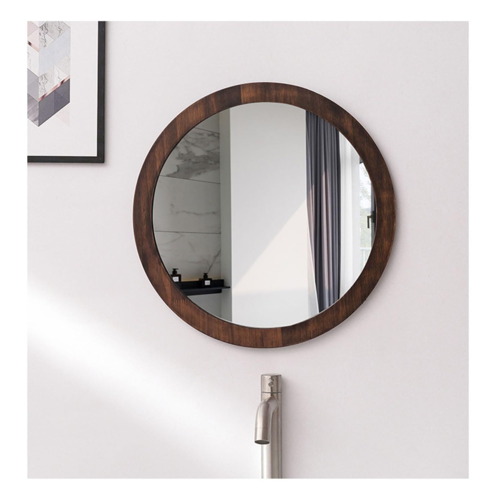 SXFSDOU Modern Round Wooden Mirror - Black Walnut Vanity & Shaving Mirror, 40CM (15.7IN) Stylish Bathroom Wall Decor, Decorative Accent for Home Interiors