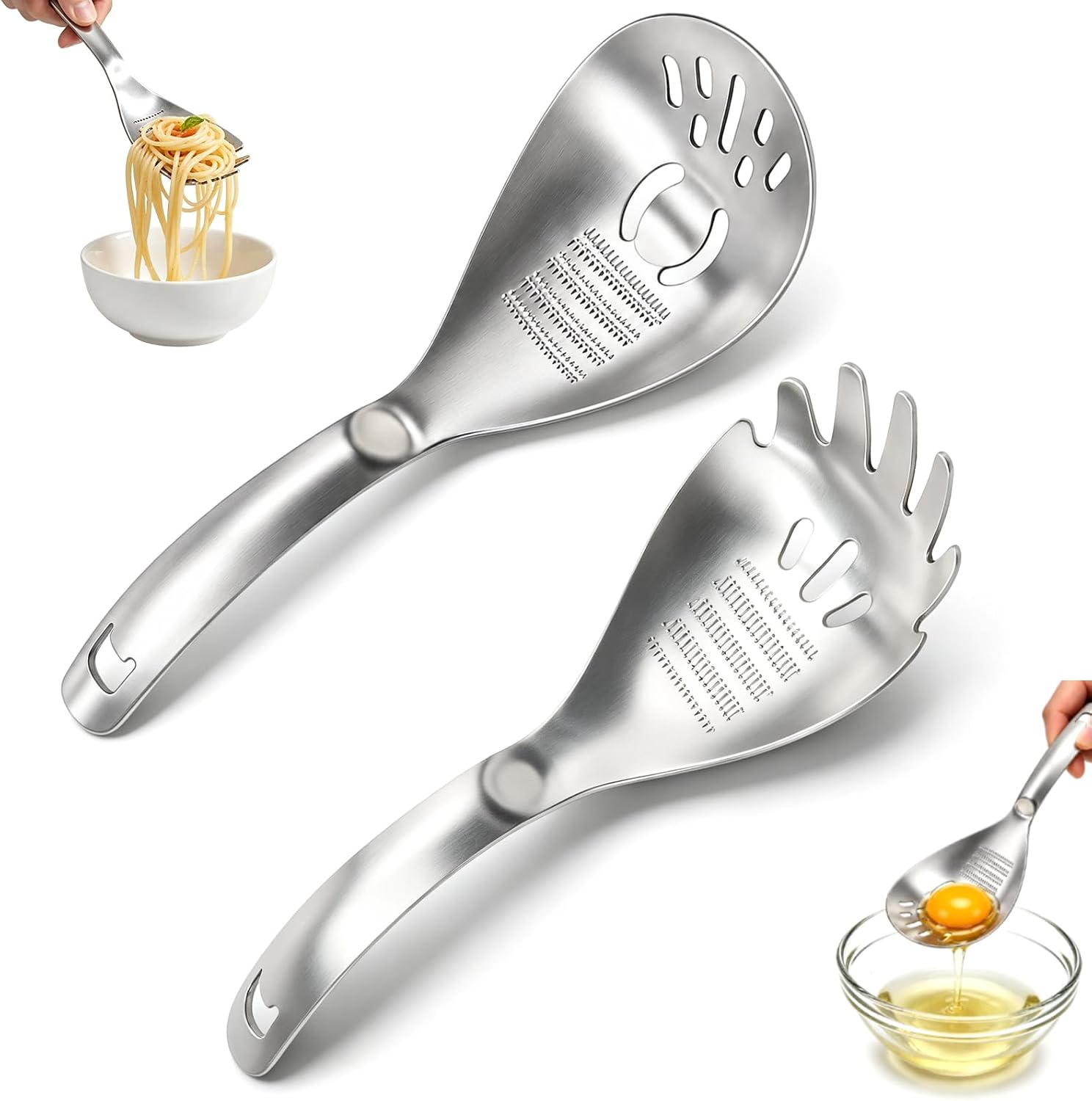 2Pcs 5 in 1 Multifunction Cooking Spoon,304 Stainless Steel Egg Slotted spoon,Kicthen Cooking Tools for Separate egg whites, grind ginger plate, mash potatoes, strain foods and open bottle caps