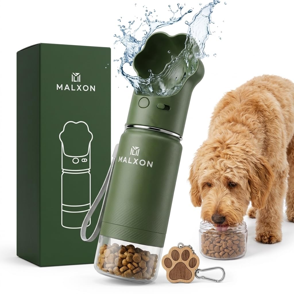3-in-1 Trinkflasche Hunde für unterwegs – Wasserflasche mit Futterbehälter & Trinknapf – 300ml – Auslaufsicher – BPA-frei – Hunde & Katzen – inkl. Geschenk