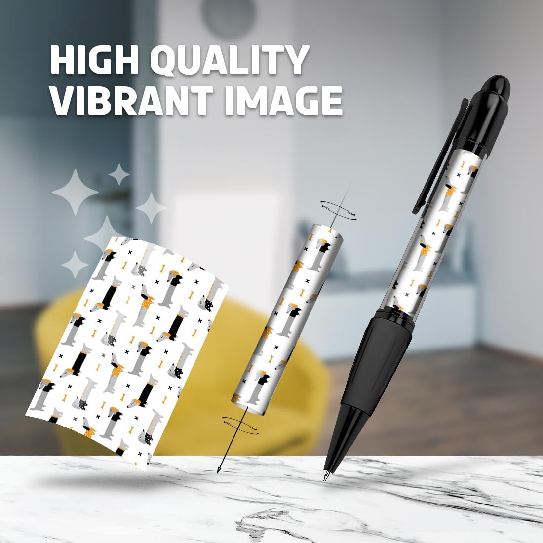 Set of 4 Black Ballpoint Pens (Photo Insert) - Sausage Dog Dacshund Pattern - Soft Feel Finger Grip #170865 - Image 2