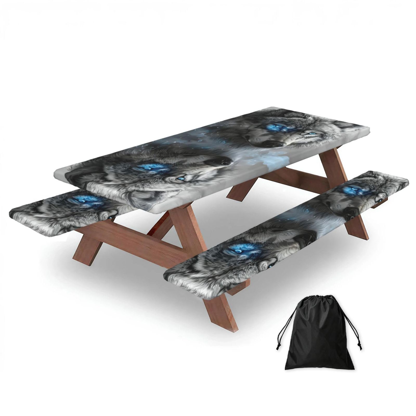 Zyjhyy Black Blue Eyes Wolf Print Party Table Covers With Bench Covers Set Of 3 Picnic Table Cloth Wipe Clean For Garden Camping