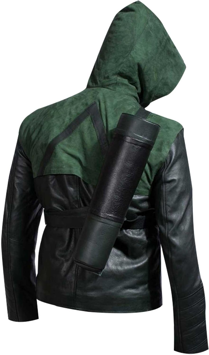 SpazeUp Men's Arw Superhero Cosplay Jacket - Oliver Green Removable Hood Quilted Black Leather Jacket Halloween Costume
