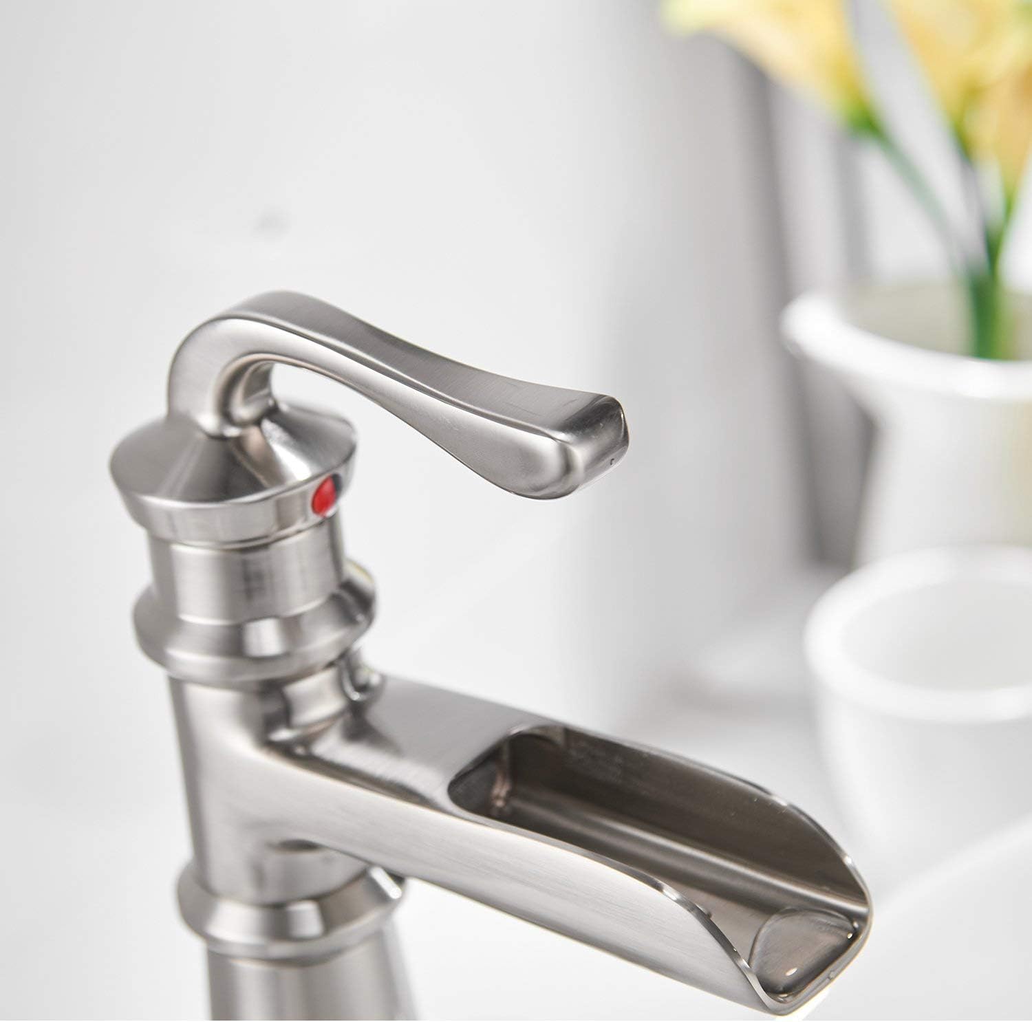 Bеѕt Dеаl BWE Waterfall Bathroom Faucet Brushed Nickel with Pop Up Drain Assembly with Overflow and Supply Line Sink Faucets Single Handle Single Hole Lead-Free Lavatory Tор Rаtеd BWE Waterfall Bathroom Faucet Brushed Nickel with Pop Up Drain Assembly with Overflow and Supply Line Sink Faucets Single Handle Single Hole Lead-Free Lavatory