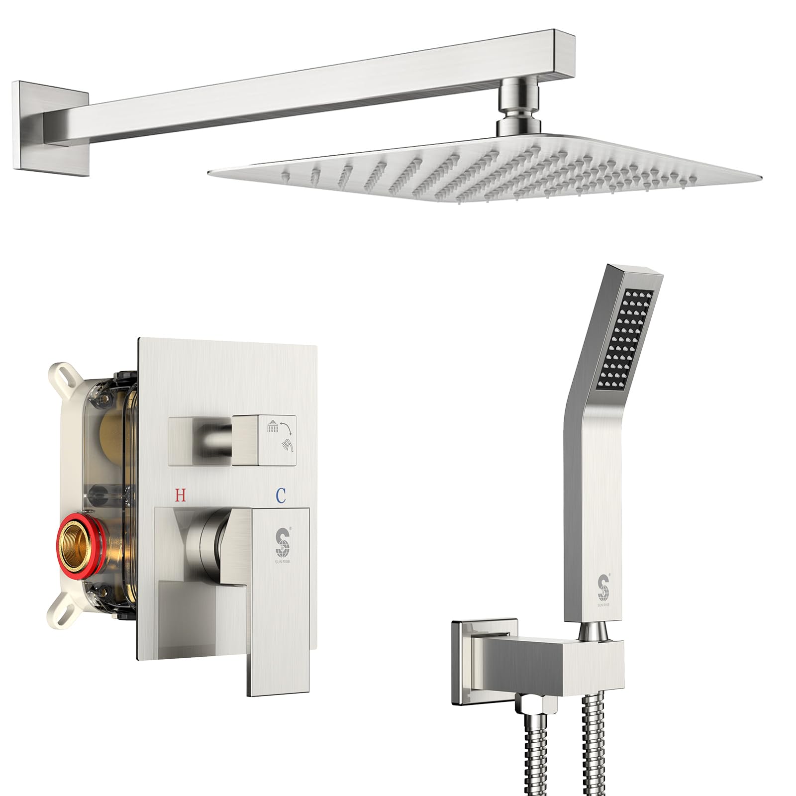 SR SUN RISE Shower Faucet Set Bathroom Square Rain Shower Head with Handheld Spray Wall Mounted Rainfall Shower Fixtures Brushed Nickel Shower Faucet Trim Repair Kits (Contain Shower Valve)10 InchesSR SUN RISE Shower Faucet Set Bathroom Square Rai…