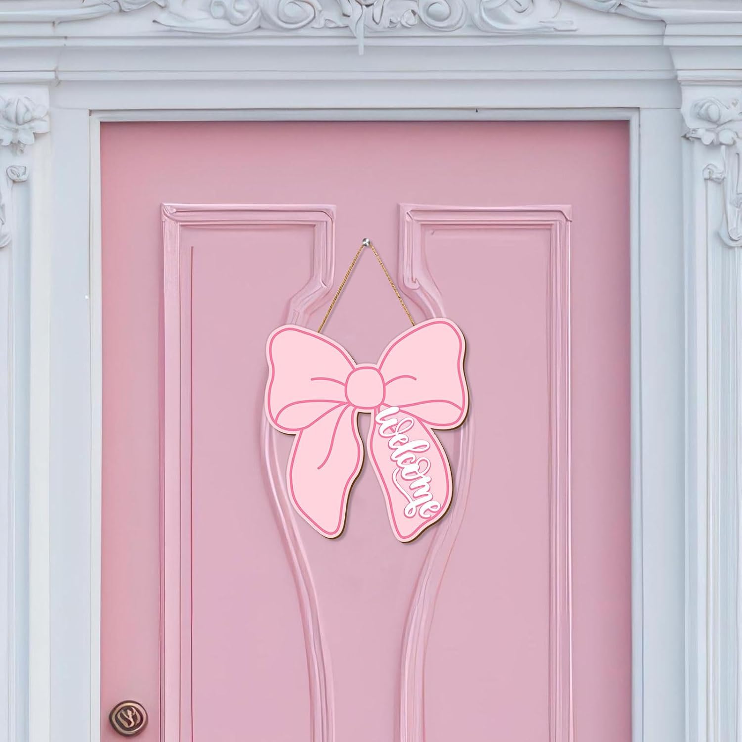 Mandala Soul Pink Bow Wooden Hanging Sign Cute Coquette Bow Welcome Wood Sign Bowknot Door Decor Sign for Indoor Outdoor Porch Wall 4