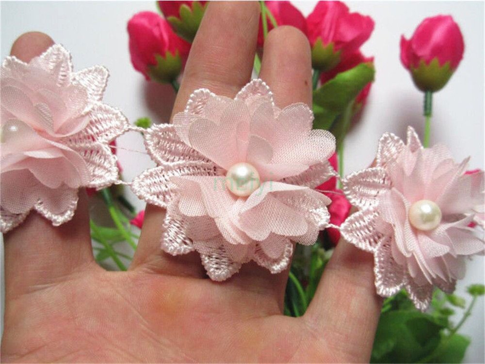 2 Metres 5 Cm De Couleur 3d Fleur En Mousseline Bordure En Dentelle Ruban Avec Perles