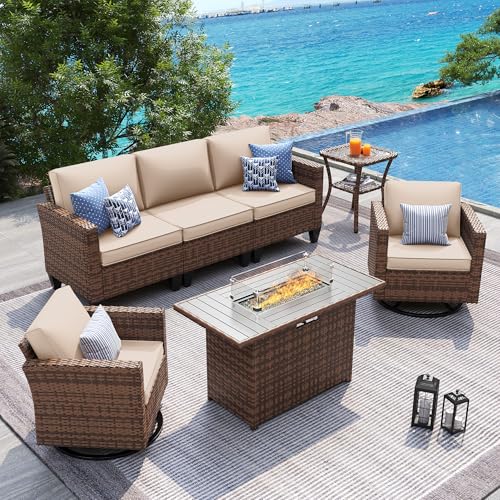 Image of UDPATIO Patio Furniture Set with Fire Pit Table and Swivel Rocking Chairs, 5 Pieces Outdoor Wicker Furniture Set with Waterproof Cover, 4'' Thickened Cushion, Khaki