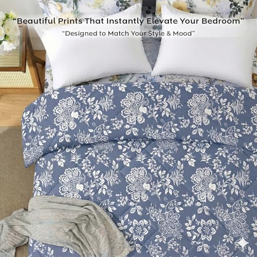 Image of AYKA Reversible AC Comforter 150 GSM Microfiber Summer Blanket Single Bed (60x90 Inches) | Floral Design Cooling Quilt for AC Room | Soft Breathable Duvet Blue & White