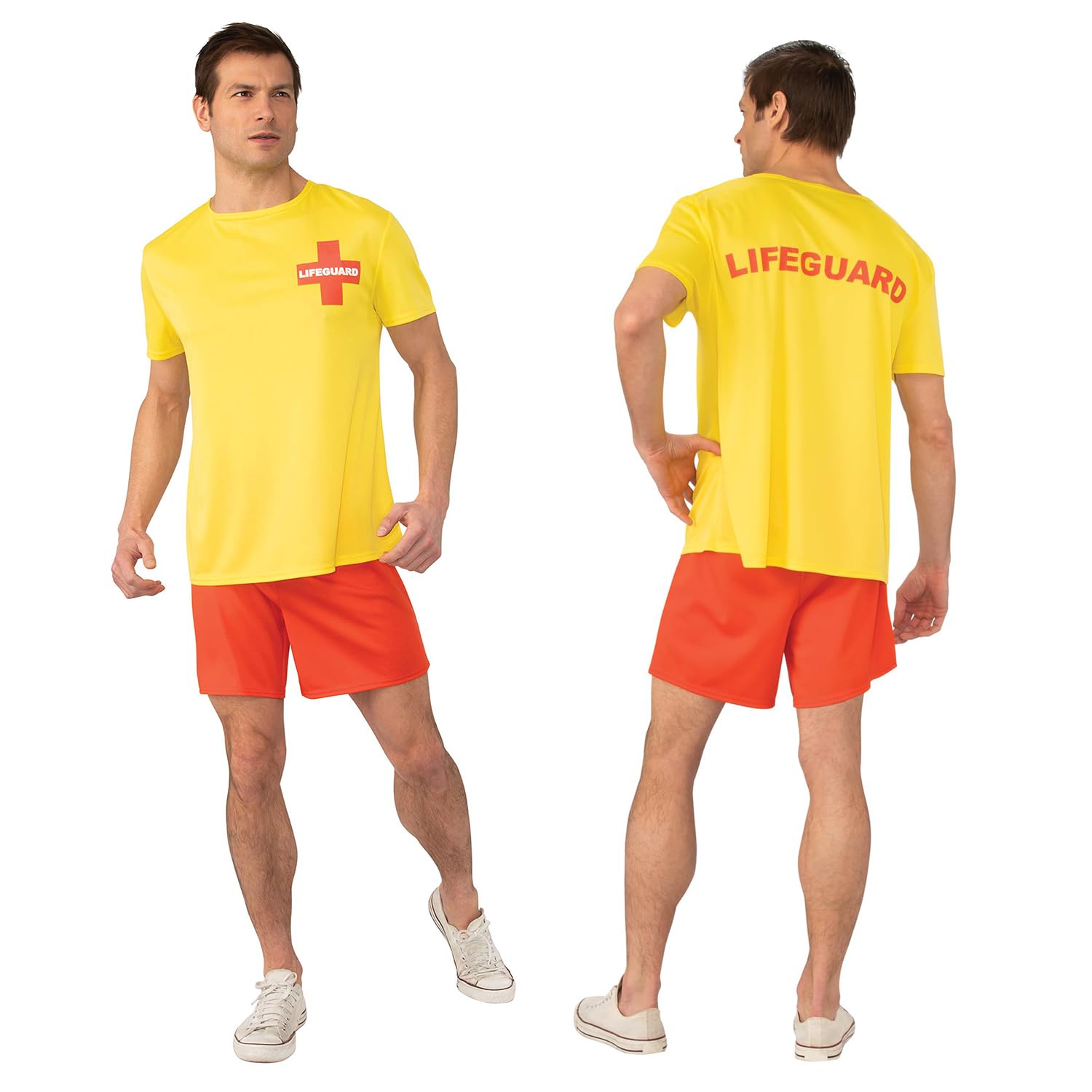Bella Dox Men's Lifeguard Costume Adult Size - Yellow T-Shirt & Red Shorts Fancy Dress Outfit for Beach Party, Halloween & Stag Dos (Standard)