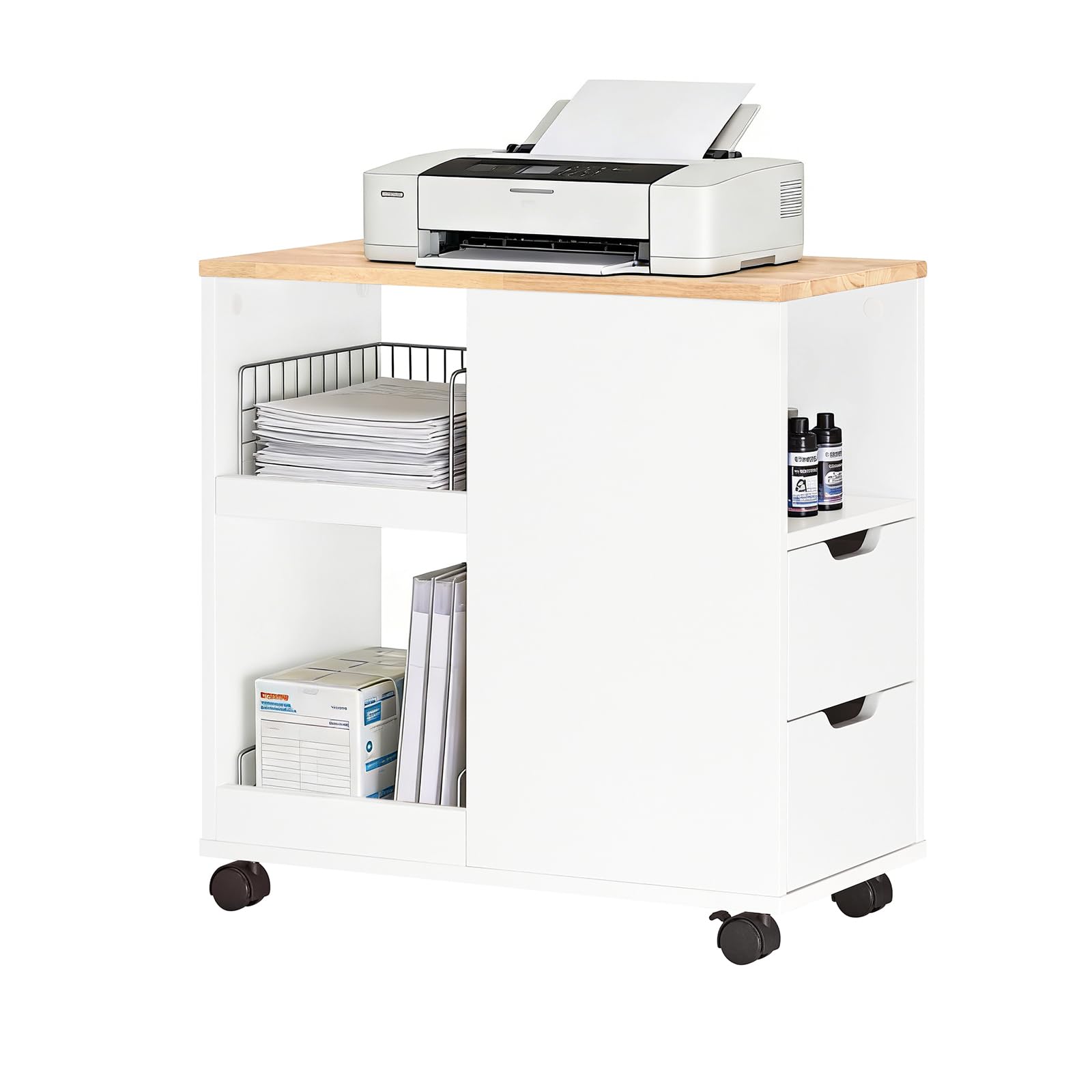 SoBuy Supporto per Stampante con Ruote – Mobiletto per Stampante con Cassetti e Vani, Tavolino Multifunzionale per Ufficio e Home Office, L60xP30xH60 cm, FBT130-WN