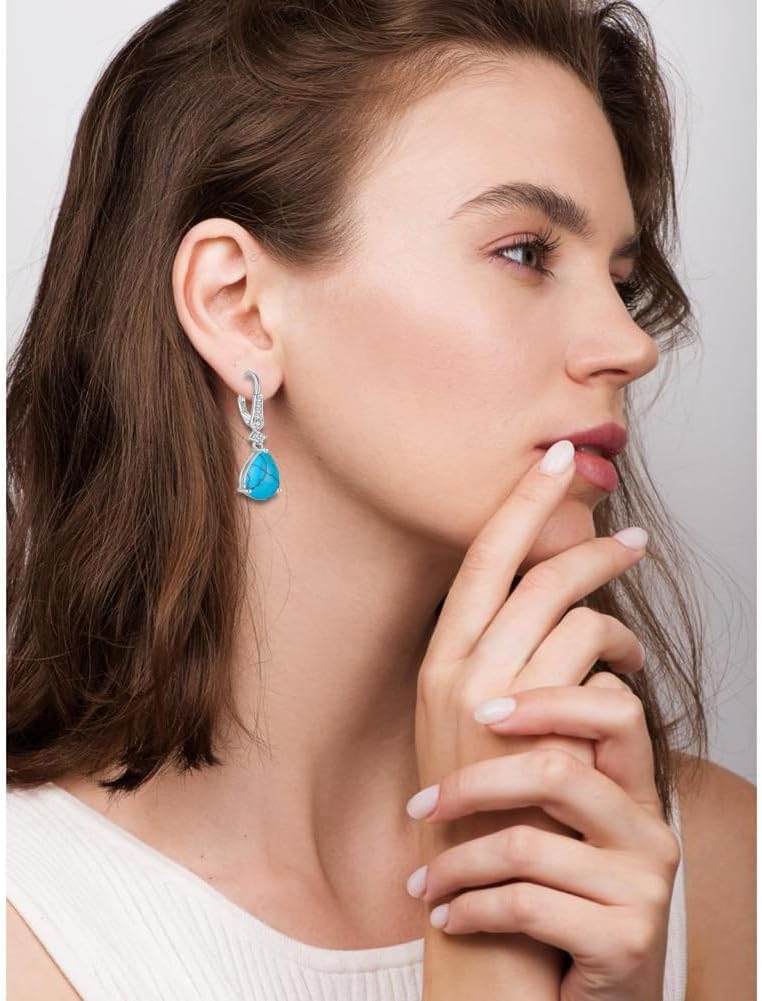 Turquoise Earrings 925 Sterling Silver Leverback Drop Dangle Earrings 5A Cubic Zirconia Jewelry for Women - Image 2