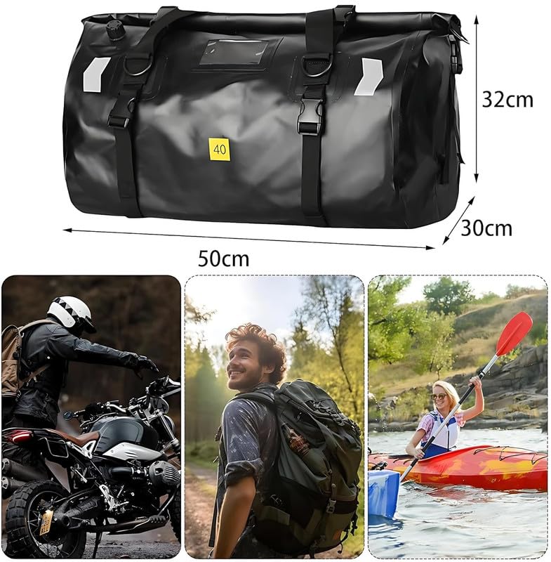 Image of HRWIN Motorcycle Tail Bag 40L Waterproof PVC Duffel Bag - Water-Resistant PVC Roll-Top Dry Luggage for Riders, Travel & Adventure - Roll Top Dry Sack for Motorbike, Car, Boat, and Outdoor Use (1Pcs)