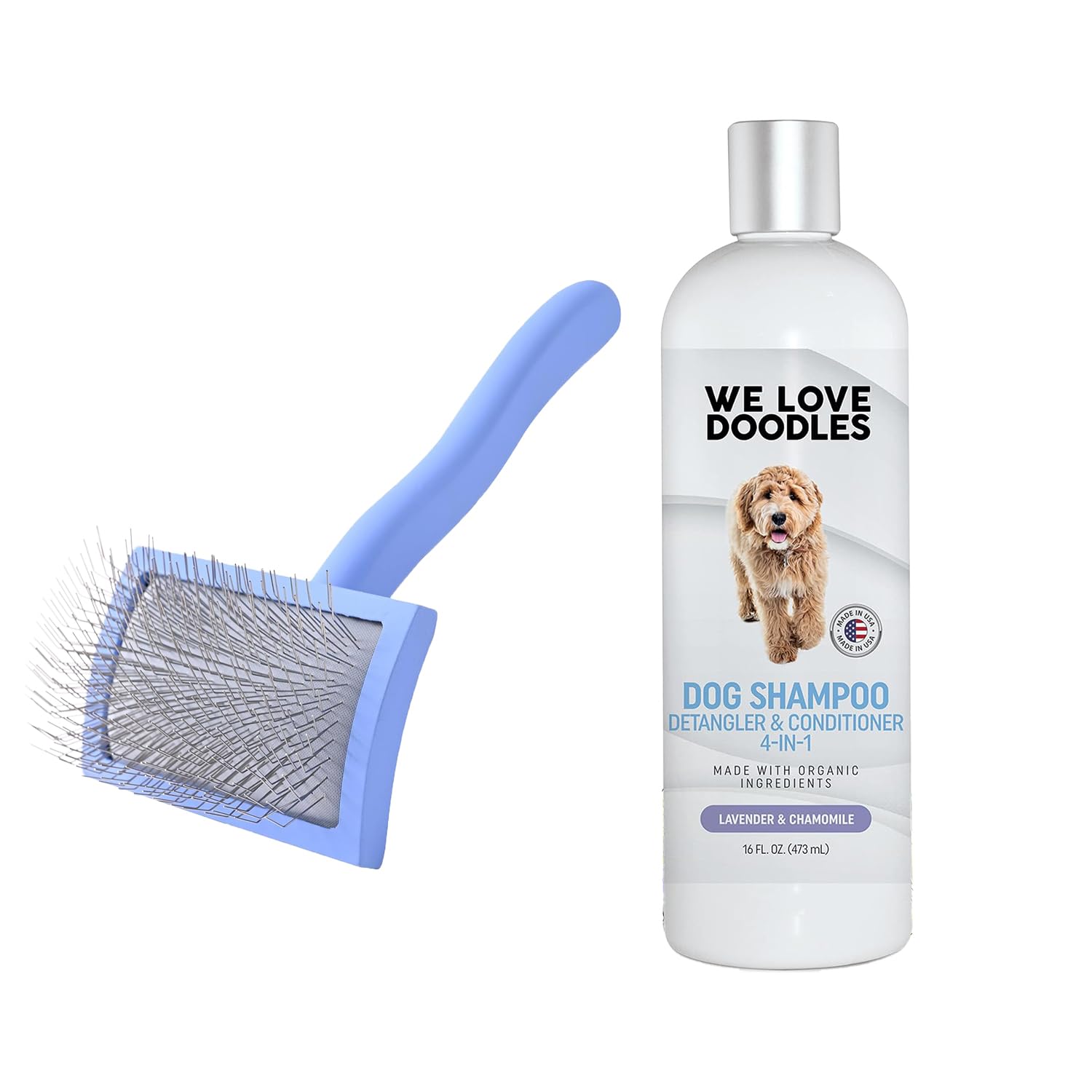 We Love Doodles Medium Curved Slicker Brush and 4-in-1 Dog Shampoo (Lavender) Bundle - Goldendoodle Brush for Dematting & Shedding - Shampoo for Goldendoodles, Poodles & Doodles - Made in USA