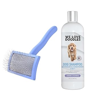 We Love Doodles Medium Curved Slicker Brush and 4-in-1 Dog Shampoo Lavender Bundle - Goldendoodle Brush for Dematting & Shedding - Shampoo for Goldendoodles, Poodles & Doodles - Made in USA