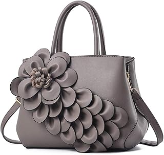 Ladies Top Handle Satchel 3D Flower Women Elegant Handbags Pu Leather Crossbody Tote Purse (#2 Grey)