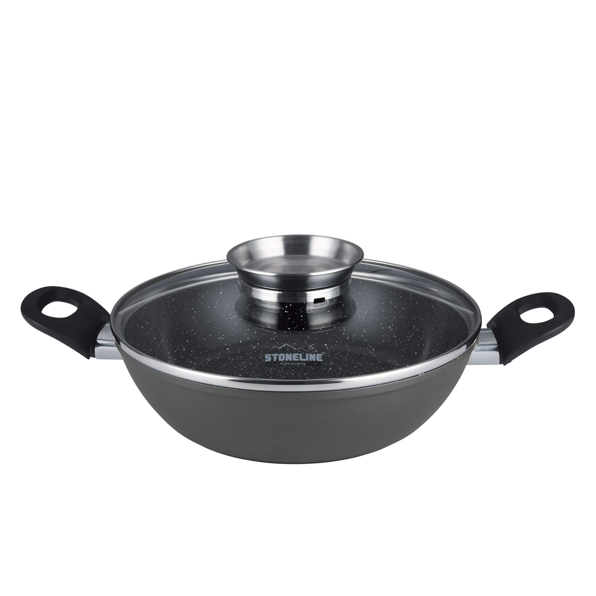 STONELINE Ceramic Servierpfanne 28 cm Hoher Rand Keramikpfanne Induktion Antihaft Pfanne mit Deckel, Keramikbeschichtung mit echten Steinpartikeln, PFAS frei, Für alle Herdarten, Backofengeeignet